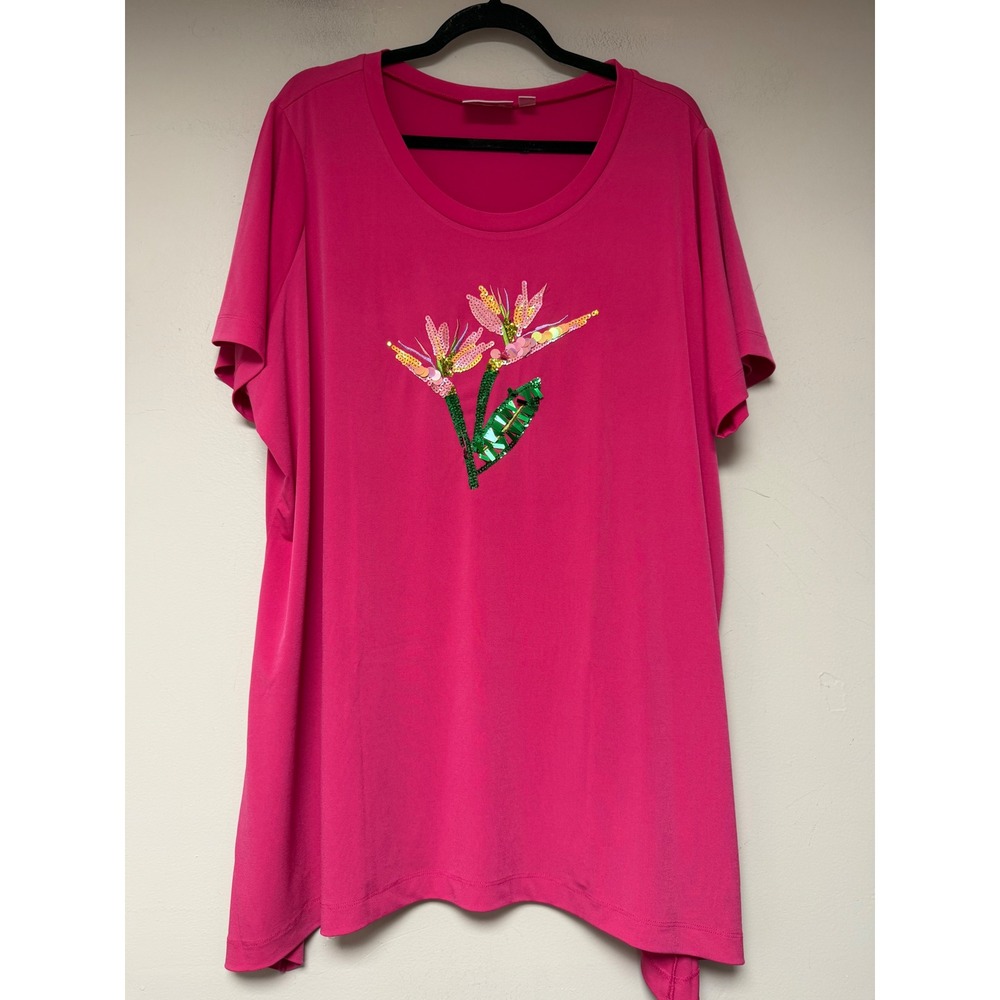 Quacker Factory Tunic Top Womens 2X Pink Excellent Bird of Paradise Sequin 8719